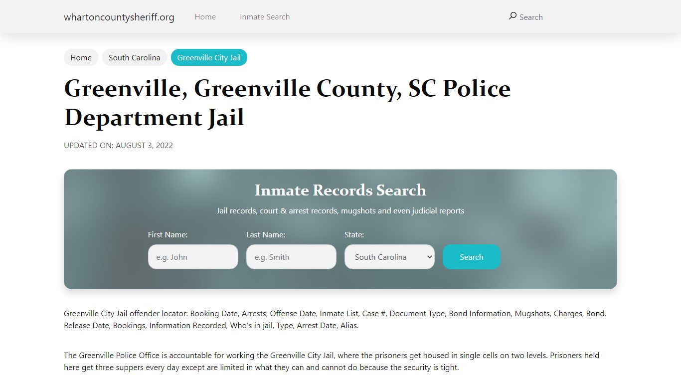 Greenville, SC City Jail Inmates, Arrests - Wharton County Sheriff